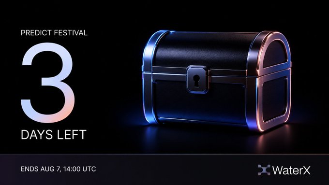 A promotional graphic showing a black treasure chest with blue and pink neon lighting, advertising 'PREDICT FESTIVAL 3 DAYS LEFT' ending Aug 7, 14:00 UTC, branded 'WaterX'.