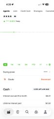 A blurry screenshot of an Agent app displaying a Buying page with tabs for Stocks and Investment, and a Cash section showing 'Interest accrued this month' and 'Lifetime interest paid'.