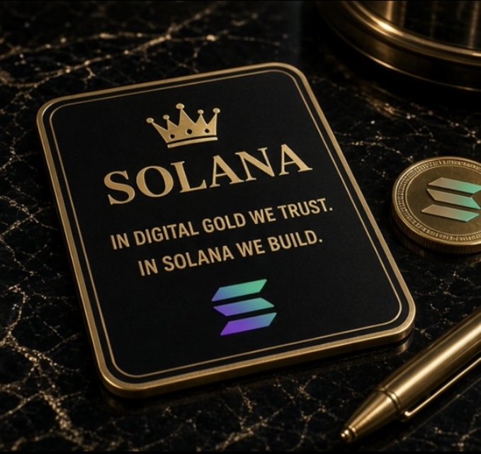 A gold-rimmed black plaque reading "SOLANA - IN DIGITAL GOLD WE TRUST. IN SOLANA WE BUILD." with a crown logo, displayed next to a Solana-branded coin on a marble surface.