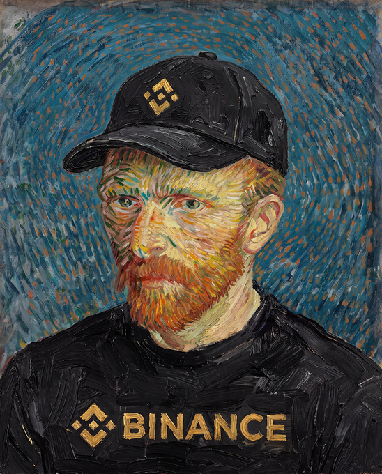 A digitally rendered portrait in Vincent van Gogh's post-impressionist style depicts a bearded man wearing a black cap and shirt branded with the "BINANCE" logo and gold BNB symbol against a swirling blue sky, blending classical fine art with cryptocurrency branding.
