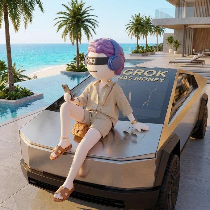 A 3D-rendered character with purple hair and headphones sitting on the hood of a silver Tesla Cybertruck with the license plate 'GROK HAS MONEY', set against a luxury beachfront mansion backdrop.