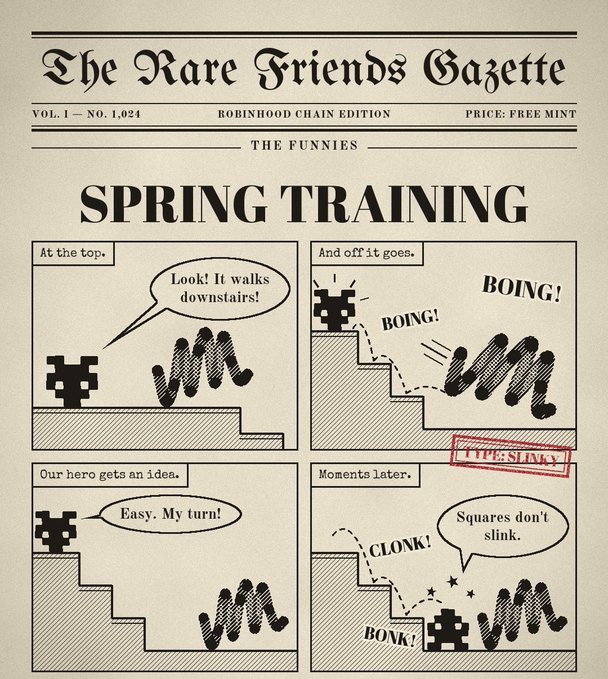 A four-panel comic strip in 'The Rare Friends Gazette' titled 'SPRING TRAINING', featuring pixelated characters with dialogue like 'Look! It walks downstairs!' and 'Squares don't sink.'