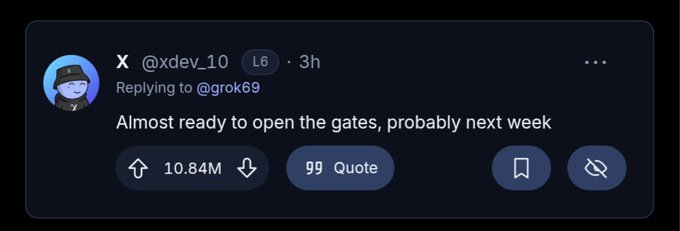 A tweet from @xdev_10 stating 'Almost ready to open the gates, probably next week' with 10.84M views, replying to @grok69.