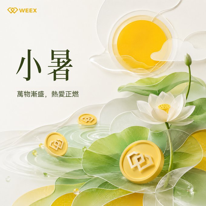A serene 3D-rendered scene featuring a blooming white lotus, green leaves, and golden WEEX-branded coins floating on water, with the Chinese text "小暑" (Minor Heat solar term) and the tagline "萬物漸盛，熱愛正燃" alongside the WEEX logo. The image visually complements the post's message about summer's heat fueling explosive market growth, with the flourishing lotus symbolizing the booming portfolio gains referenced in the caption.