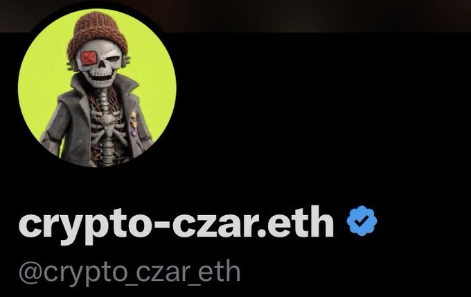 A profile image for "crypto-czar.eth" (@crypto_czar_eth) features an animated skeleton character wearing a beanie and jacket with a red play button on its forehead, displayed on a yellow-green circular background.