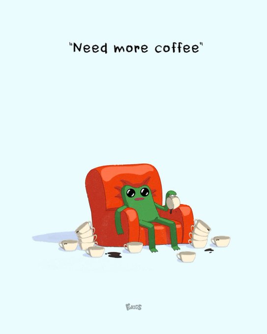 An illustration of a green, frog-like creature sitting in a red armchair surrounded by empty coffee mugs, holding one mug, with the caption 'Need more coffee' at the top.
