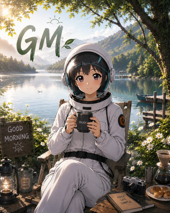 Anime-style illustration of a girl in a white astronaut suit holding an 'ENJOY' coffee mug, with 'GM' (Good Morning) text, set against a lakeside background with a 'Good Morning' sign, flowers, and various props.
