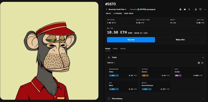 An OpenSea NFT listing for Bored Ape Yacht Club #5670 priced at 10.50 ETH with a 'Buy now' button.