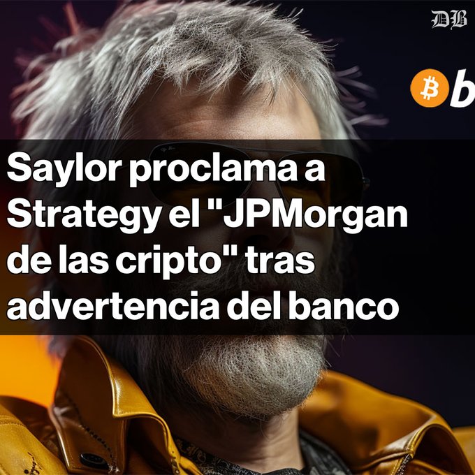 An article thumbnail featuring an image of Michael Saylor wearing sunglasses with the Spanish headline 'Saylor proclama a Strategy el "JPMorgan de las cripto" tras advertencia del banco'.