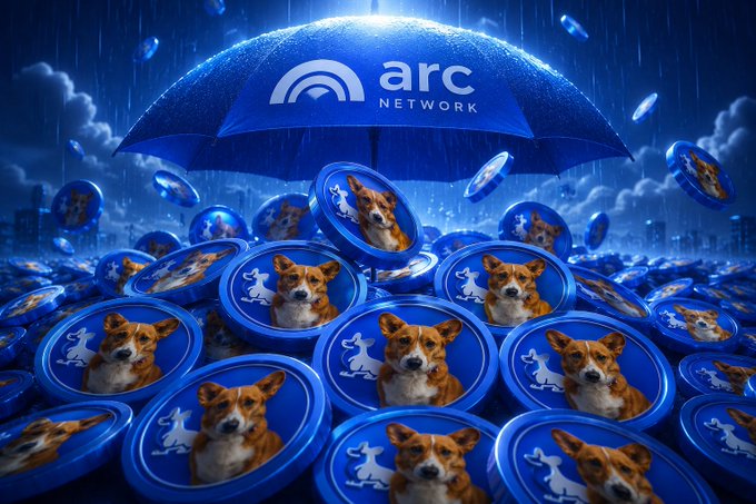 A blue umbrella bearing the "Arc Network" logo shelters a sea of corgi-themed coins falling like rain, visually reinforcing the post's message of community protection and unity under the Arc Network with the $Corgi token.