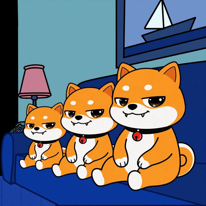 Three cartoon Shiba Inu dogs sit side by side on a blue couch, all wearing black collars with red bells, their serious expressions matching the tone of a "Family meeting in progress." A pink lamp and framed sailboat artwork complete the cozy living room setting where the trio appears to be having a stern discussion.