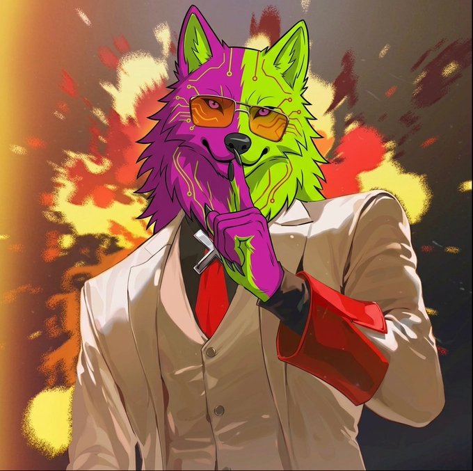A stylized anthropomorphic wolf character with a split magenta and neon green color scheme wears sunglasses and a white suit, holding a finger to its lips in a "shush" gesture against a fiery orange and yellow background. The image reinforces the post's theme of secrecy, visually encouraging viewers to keep quiet about the token burn mechanics associated with $PACK.