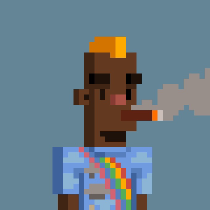Pixel art depicts a brown-skinned character with an orange hat smoking a cigarette, wearing a blue shirt with a colorful tie against a blue background.