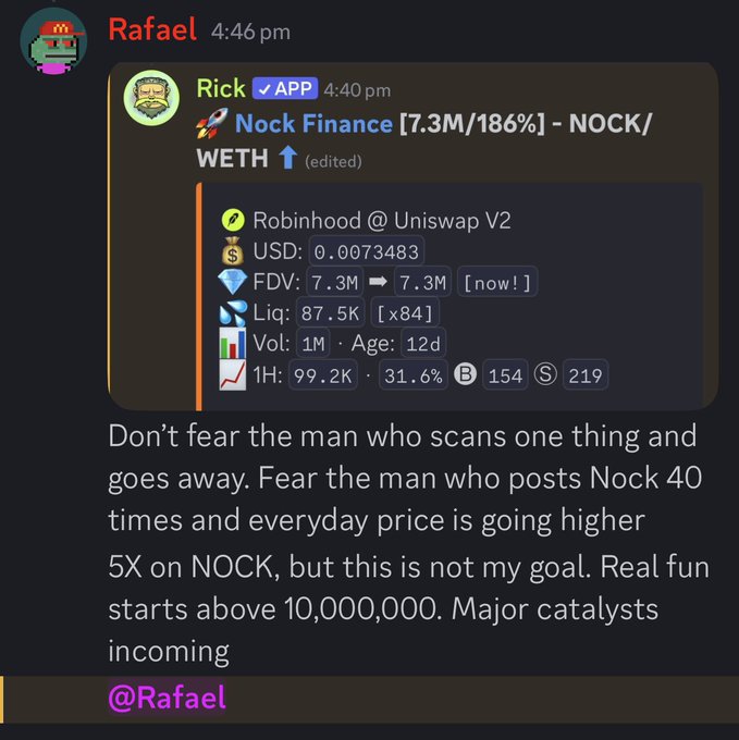 A Discord message from Rick sharing Nock Finance ($NOCK/WETH) token data showing a $7.3M FDV, with a hype message about 5X gains and major catalysts incoming.