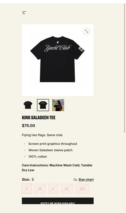 An online product page for the "KING SALADEEN TEE" by Yacht Club, priced at $75.00, featuring a black t-shirt with cursive logo and woven sleeve patch.
