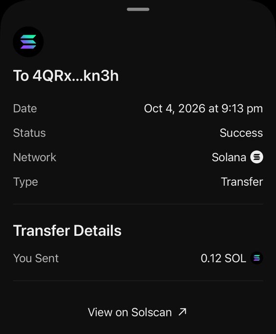 A mobile screenshot shows a successful Solana transfer of 0.12 SOL sent on Oct 4, 2026 at 9:13 pm, with the recipient address "4QRx...kn3h," serving as proof of payment for the completed task referenced in the post.