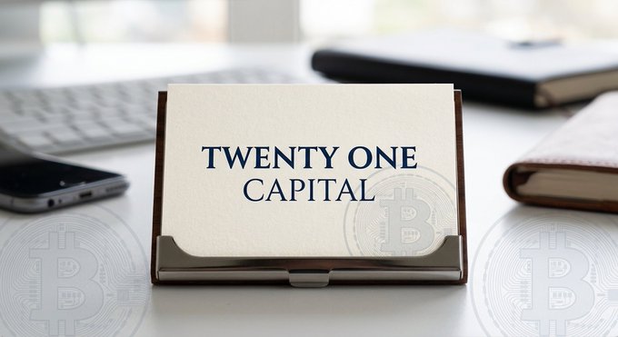 A business card holder on a desk displays a card reading "TWENTY ONE CAPITAL," surrounded by a keyboard, notebook, and smartphone, with Bitcoin logos overlaid on the scene—visually reinforcing the company's heavy Bitcoin holdings amid its $1.3 billion loss.