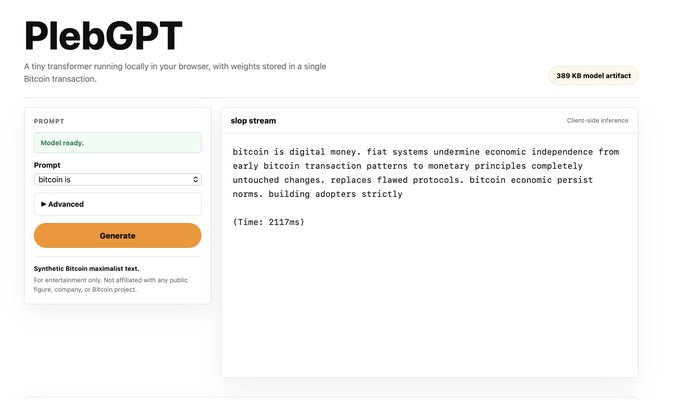 The image features a text box with white text that displays information about a language model developed by someone named *John* who created the site plebslop. The model is small enough to fit into a single Bitcoin transaction, making it suitable for most Bitcoin node infrastructures. Plebslop provides an interactive interface in-browser where users can easily build and evaluate machine learning models. This post suggests that it focuses on a specific aspect of the model, likely its weights or how it loads them onto a Bitcoin node. The text box's background is white, but there are some colors present that draw attention to the content within the image.