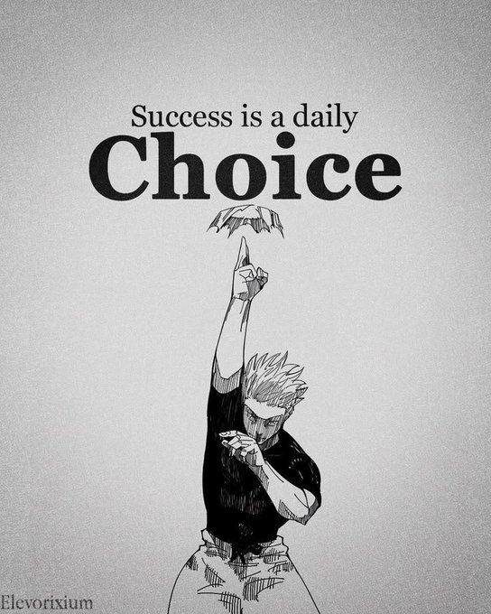 A black and white anime-style illustration of a character pointing upward accompanies the motivational text 'Success is a daily Choice', with 'Elevorxium' signed at the bottom.
