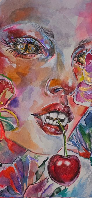 A vibrant watercolor painting of a woman's face biting into a red cherry, with bold, expressive brushstrokes in shades of pink, orange, purple, and blue, fitting the sensual and artistic theme of the "Velvet Instinct" piece minted on the XRP Ledger.