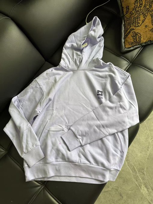 A light gray hooded sweatshirt with the "SGB" logo on the chest rests on a black leather couch, showcasing the merchandise received from the @SGB_ZH and @SGB_app project team.