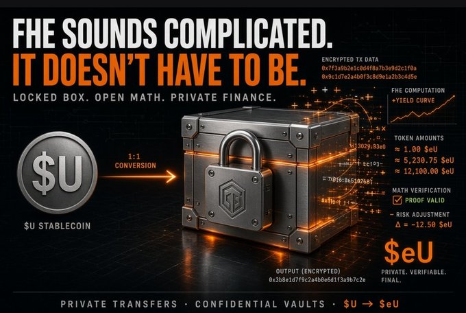 An infographic titled 'FHE SOUNDS COMPLICATED. IT DOESN'T HAVE TO BE.' illustrates a $U stablecoin conversion to $eU with locked box imagery and encrypted transaction data.