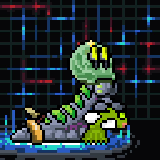 Pixel art depicts a green, multi-headed creature with large eyes, accompanied by a smaller green character, set against a background of colorful glitchy grid lines.