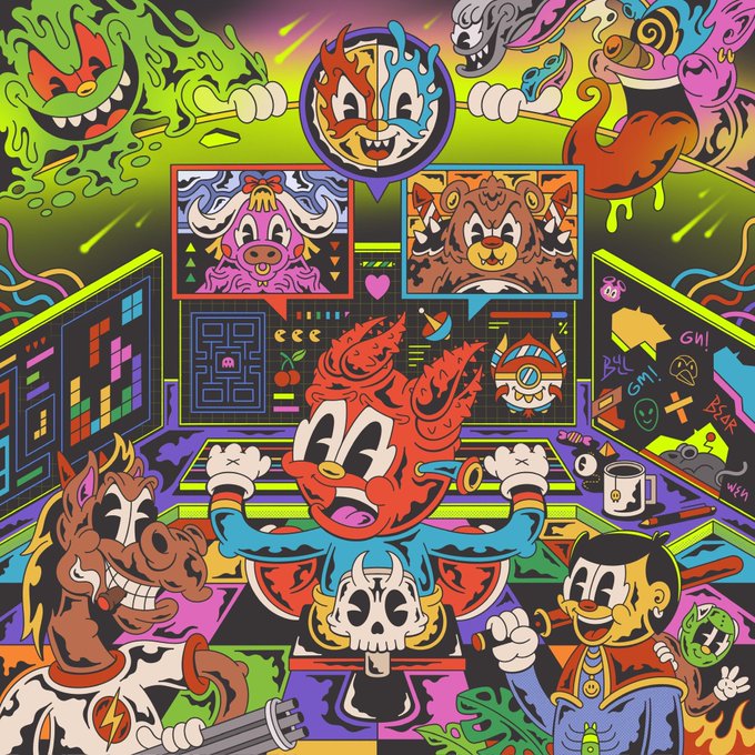 A vibrant, cartoonish illustration featuring a central red character on a skull throne, surrounded by a horse, a man, monsters, pixel art screens, and video game motifs in bright neon colors.