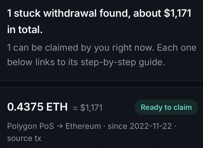 Screenshot of a crypto withdrawal claim interface showing '1 stuck withdrawal found, about $1,171 in total' with '0.4375 ETH ≈ $1,171' ready to be claimed from Polygon PoS to Ethereum since 2022-11-22.