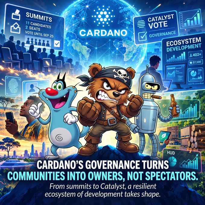 A promotional graphic titled 'CARDANO'S GOVERNANCE TURNS COMMUNITIES INTO OWNERS, NOT SPECTATORS,' featuring cartoon mascots of a blue blob, a pirate bear, and a robot, alongside UI elements for 'SUMMITS', 'CATALYST VOTE', and 'ECOSYSTEM DEVELOPMENT'.