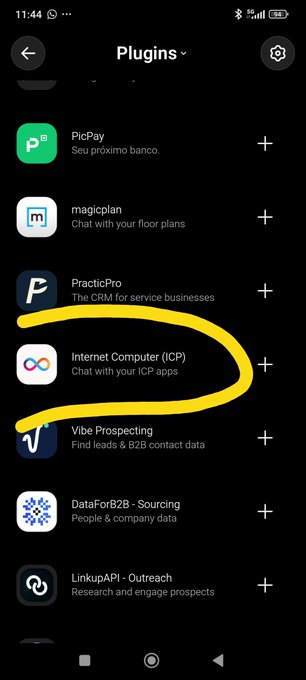 A screenshot of a mobile app interface displaying a 'Plugins' menu, with a yellow hand-drawn line circling the 'Internet Computer (ICP)' plugin option.