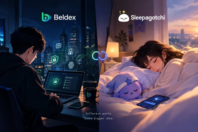 A promotional split image for "Beldex" and "Sleepagotchi" showing a person working on a laptop at night on the left and someone sleeping with a plush toy on the right, with the tagline "Different paths. Same bigger idea."