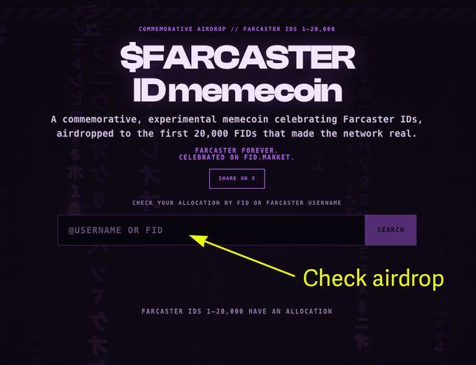 A promotional webpage for the $FARCASTER memecoin airdrop targeting Farcaster IDs 1-20,000, featuring a search field where users can check their allocation by entering their @username or FID, with an annotation pointing to "Check airdrop" — corresponding to the post's instructions to verify eligibility at vibechain.com/fid.