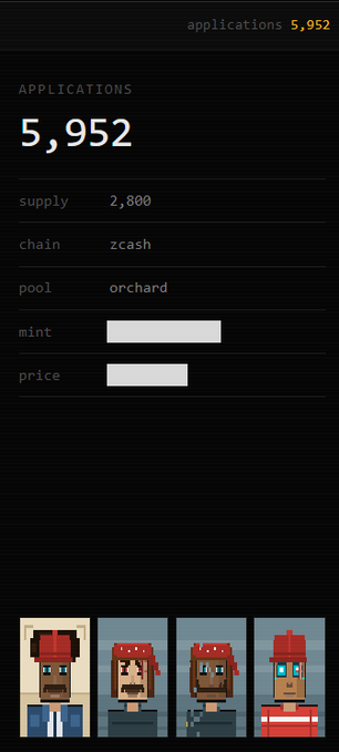 A pixel-style NFT minting page displaying "5,952" applications, with a supply of 2,800 on the Zcash/Orchard chain pool, accompanied by four pixel-art character portraits at the bottom. The redacted mint and price fields align with the post's description of the zaddr.net project, where 5,952 people have applied to mint from a collection of 2,800 NFT portraits.