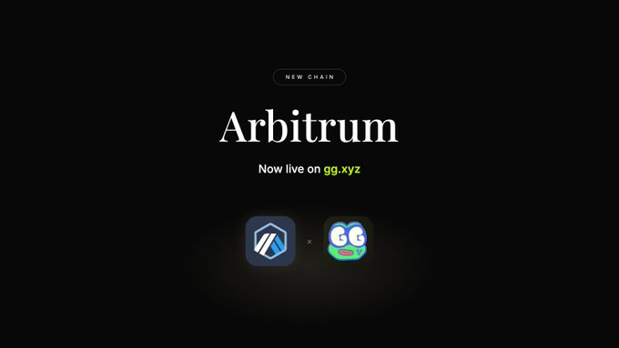 A dark promotional graphic announcing "Arbitrum - Now live on gg.xyz" with the Arbitrum and GG logos.