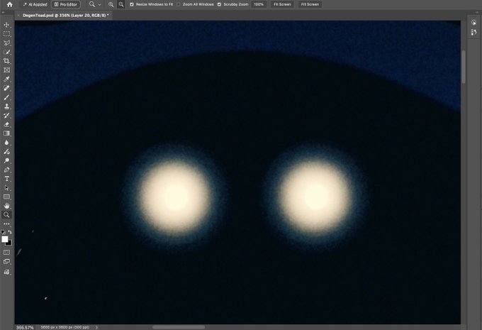 A Photoshop screenshot shows an image with two glowing white circles against a dark background, with the file name 'DegenTease.psd' visible in the tab.