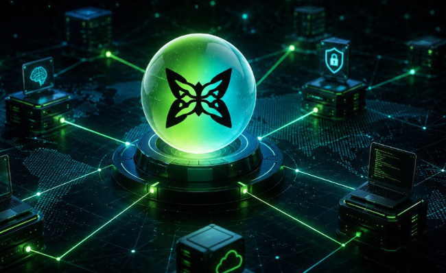 The image features a futuristic scene with a large glass ball at its center surrounded by numerous computer servers connected through green lines. The server cluster appears to be part of a network or data center, possibly related to Web3 technology. The text "The future of Web3 isn'q—it'q" is present in the image, which could potentially be a reference to the concept of decentralization and security within the Web3 ecosystem.