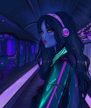 Stylized digital illustration of a woman with dark skin and long black hair wearing neon pink and green headphones and a glowing tracksuit, standing in a purple-lit subway station.
