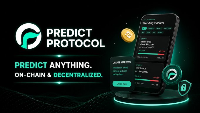 A promotional graphic for "Predict Protocol" featuring a smartphone mockup displaying trending on-chain prediction markets, including a crypto market asking "Bitcoin price above $100k by end of month?" showing 71% YES / 29% NO, alongside BNB-related markets, gold and BNB coin icons, and a "Create Markets" CTA button. The bold tagline "Predict Anything. On-Chain & Decentralized" reinforces the post's emphasis on transparent, decentralized prediction market participation.