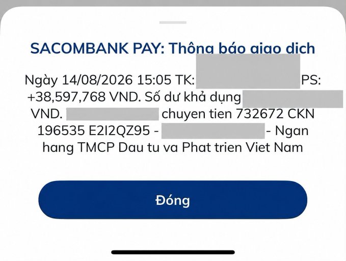 A Vietnamese banking notification from SACOMBANK PAY dated 14/08/2026 showing a credit of +38,597,768 VND, with account details partially redacted.