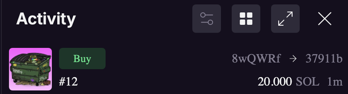 The image displays an "Activity" feed showing a "Buy" transaction where item #12 (a Legendary Dumpster NFT) was purchased from wallet 8wQWRf to wallet 37911b for 20.000 SOL, posted approximately 1 minute ago. This transaction record visually confirms the post's claim that the Legendary Dumpster sold for 20 SOL.