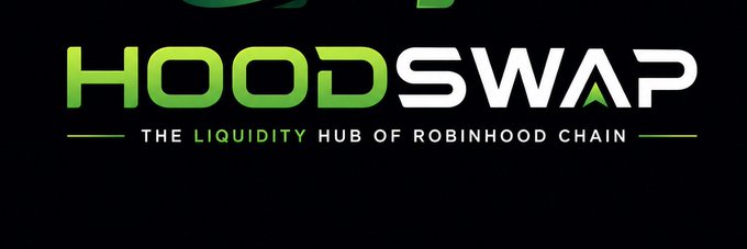 The image displays the "HOODSWAP" logo in green and white lettering on a black background, with the tagline "THE LIQUIDITY HUB OF ROBINHOOD CHAIN," visually reinforcing the post's announcement of Hoodswap as a decentralized exchange launching on the Robinhood Chain.