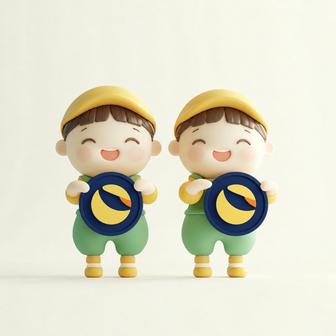 Two adorable 3D-rendered cartoon children wearing yellow caps and green overalls stand smiling, each holding a navy blue coin emblazoned with a yellow crescent moon—symbolizing the Terra Luna Classic ($LUNC) crypto in a cheerful "Gm" (good morning) greeting.
