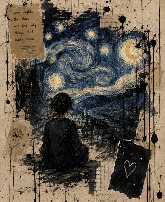 An artistic collage featuring a person looking out at a swirling starry night sky reminiscent of Van Gogh's Starry Night, with handwritten text reading 'some nights the stars are the only things that make sense' on a torn paper note, a small heart drawing, and ink splatter effects.