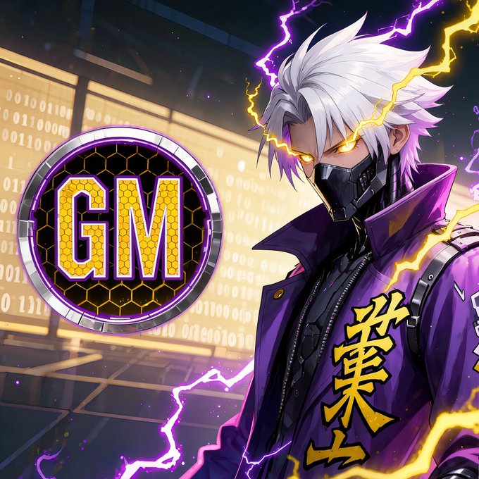 Anime-style digital artwork showing a white-haired character with glowing yellow eyes and a mechanical face mask, wearing a purple jacket with Asian characters, next to a 'GM' coin emblem against a background of binary code and lightning.