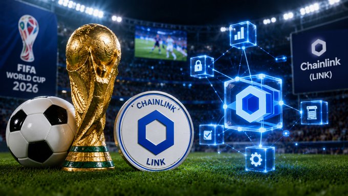 The image features a soccer ball, a golden trophy, and some logos related to the World Cup. The soccer ball is positioned towards the left side of the frame, while the golden trophy is located more centrally. There are also logos for Chainlink and Linkedin on the right side of the image. The text "chainlink" can be seen in various parts of the image, including near the bottom center and to the right edge.