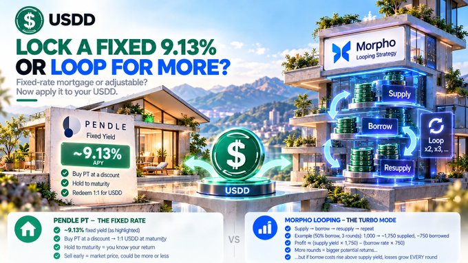 A USDD promotional graphic reads “LOCK A FIXED 9.13% OR LOOP FOR MORE?” and compares “PENDLE Fixed Yield” with “MORPHO Looping Strategy,” featuring a stylized house, coin, and Morpho building.