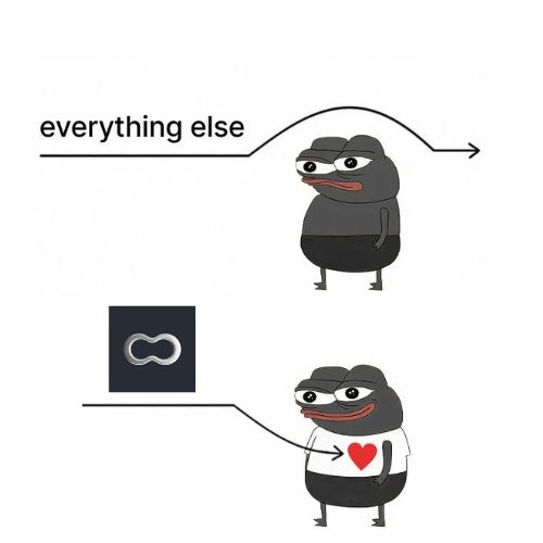 A two-panel meme featuring cartoon frog characters, with the top labeled 'everything else' showing a neutral frog and the bottom showing a frog holding an infinity/loop logo symbol while wearing a shirt with a red heart.