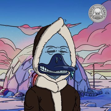 An illustrated anthropomorphic character with a duck bill wearing a fur-lined hooded coat stands in a snowy arctic landscape with igloos under a colorful sunset sky.