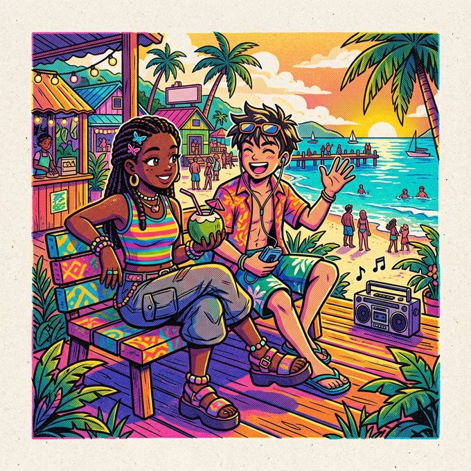 A vibrant, colorful illustration of two young people sitting on a bench at a tropical beach boardwalk, drinking coconut water with a boombox playing music.